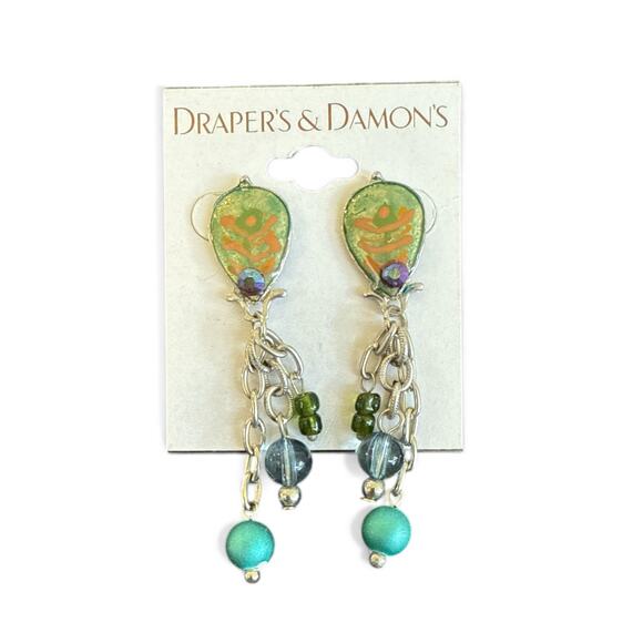 Drapers & Damons NWT BOHO Dangle Earrings green, blue, and silver-toned bead - Picture 2 of 3